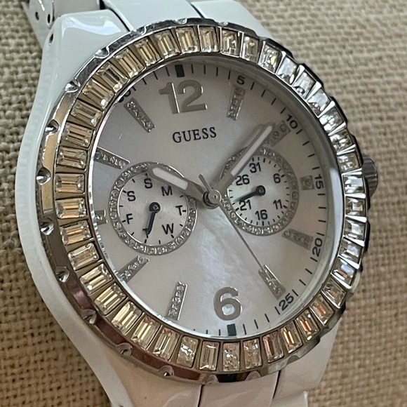 Guess Mother of Pearl Swarovski Crystal Large Face White Bracelet Watch 40mm - Picture 2 of 14